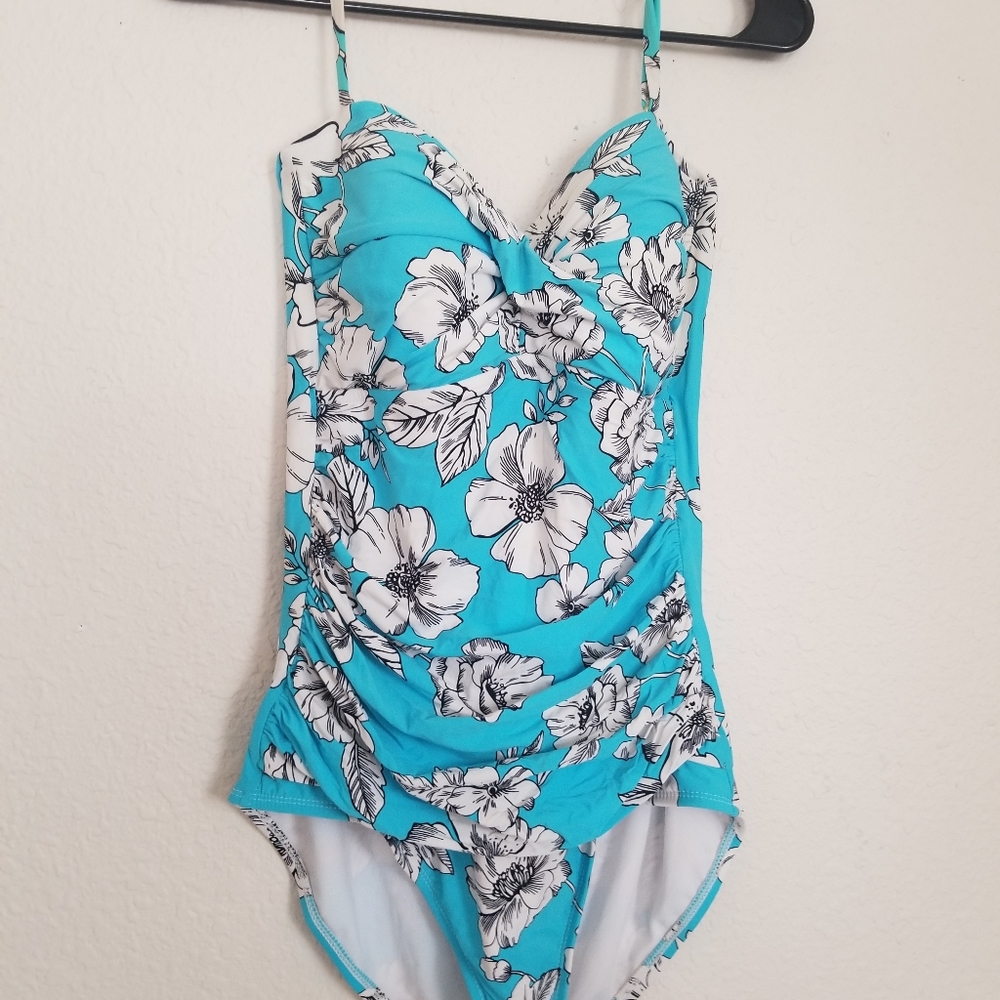 Floral print blue one piece bathing suit